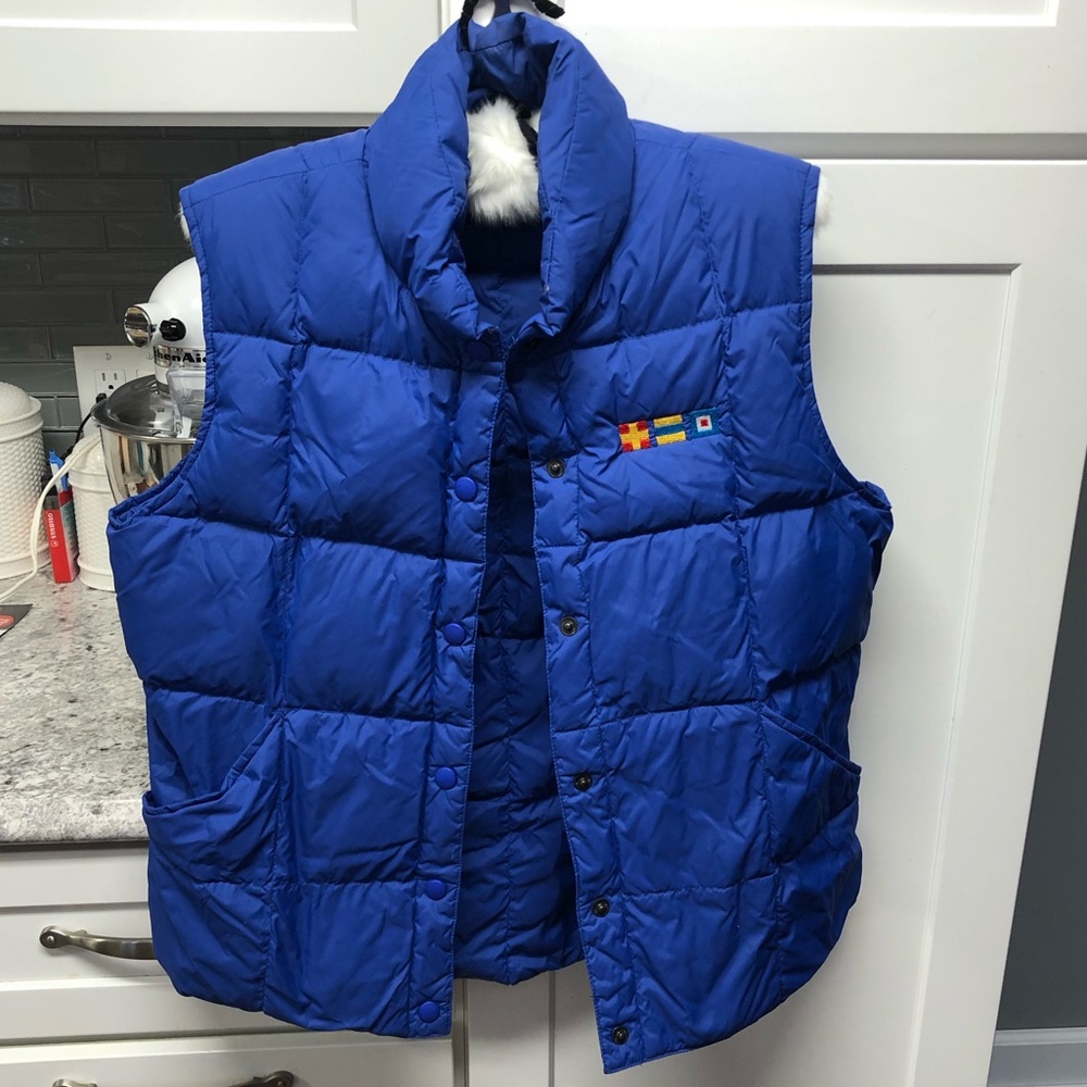 Lands End Blue Down Vest w/ Nautical Flags